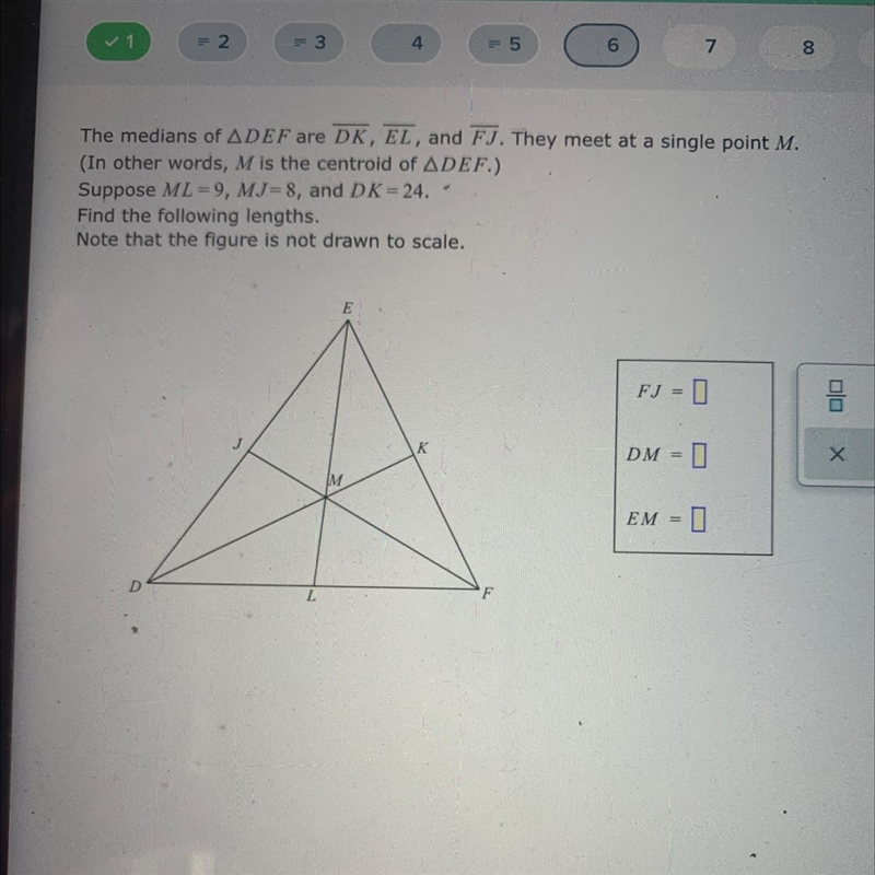 The medians of ADEF are DK, EL, and FJ. They meet at a single point M. (In other words-example-1