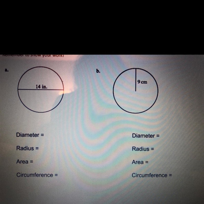 1.) Calculate the length of the diameter, radius, area, and circumference for each-example-1