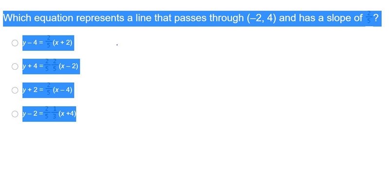 Which equation represents a line that passes through (–2, 4) and has a slope of StartFraction-example-1