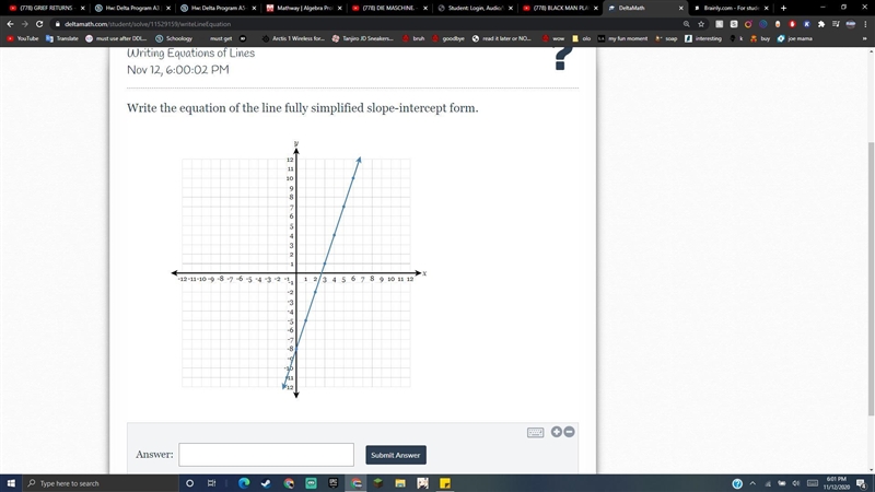 Write the equation of the line fully simplified slope-intercept form. help-example-1