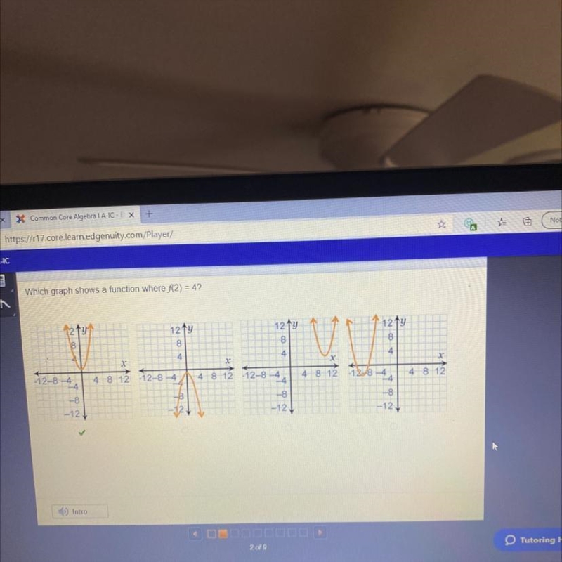 Which graph shows a function where f(2)= 4? idk i guessed and got it right :)-example-1