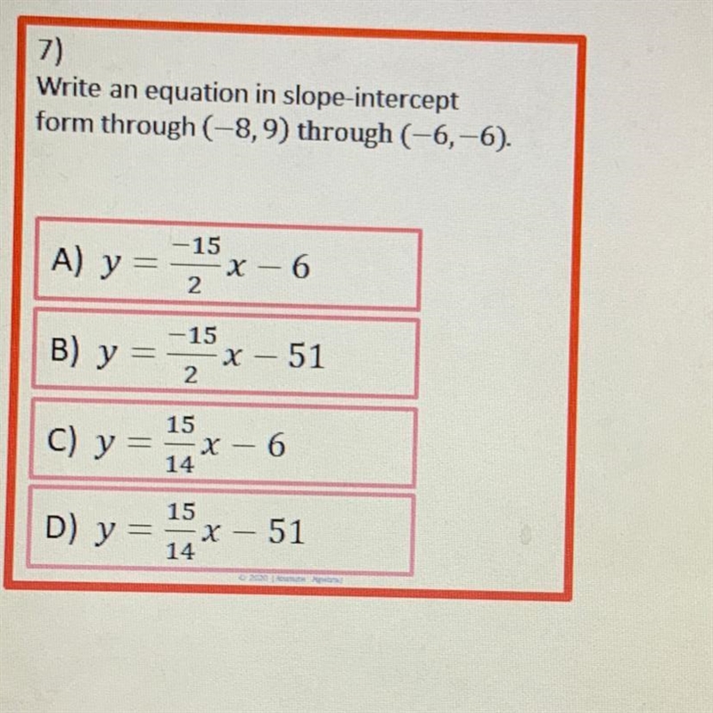 Write an equation in slope-intercept form through (-8,9) through (-6,-6).-example-1