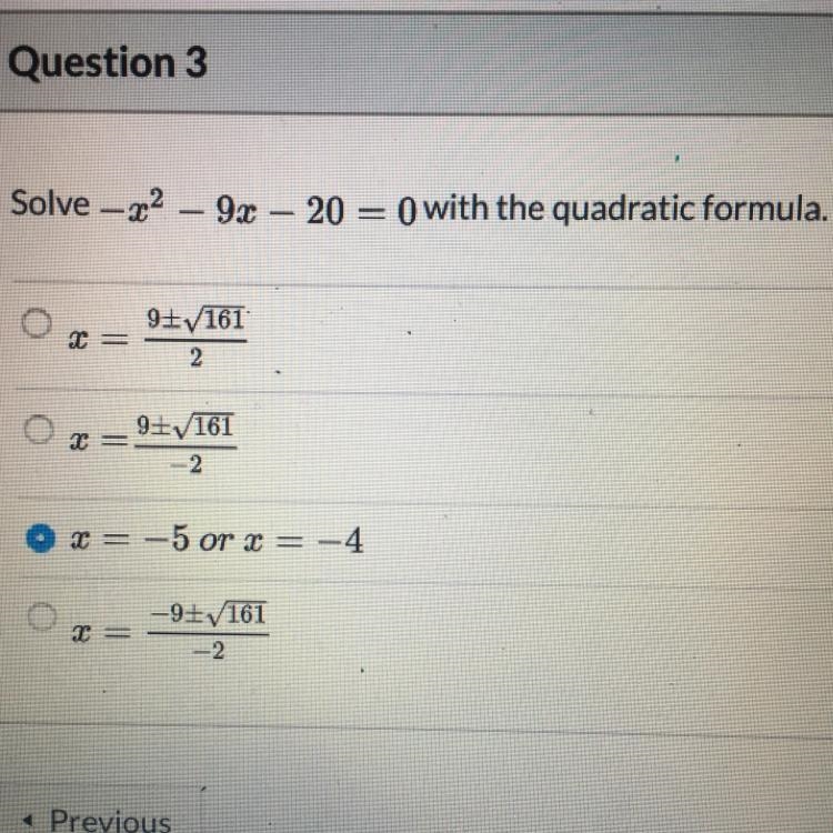 Solve -x^2-9x-20=0 with the quadratic formula plz help!-example-1