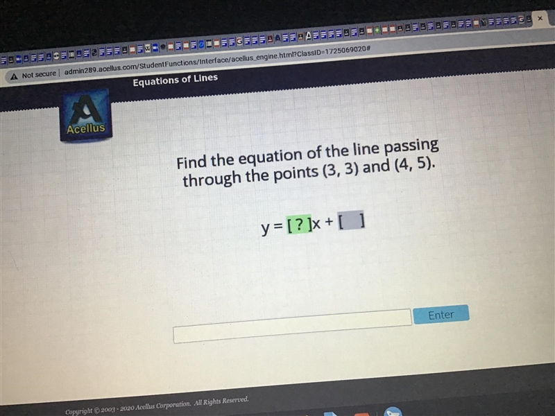 Find the equation of the line passing through the points (3,3) and (4,5)-example-1