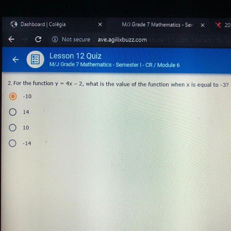 For the function y=4x-2,what is the value of the function when XX is equal to -3-example-1