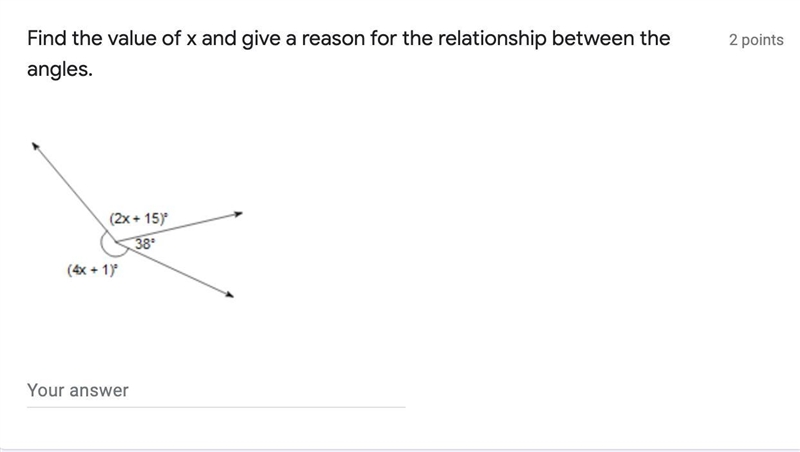 Find the value of X and give a reason for the relation ship between the angles.-example-1