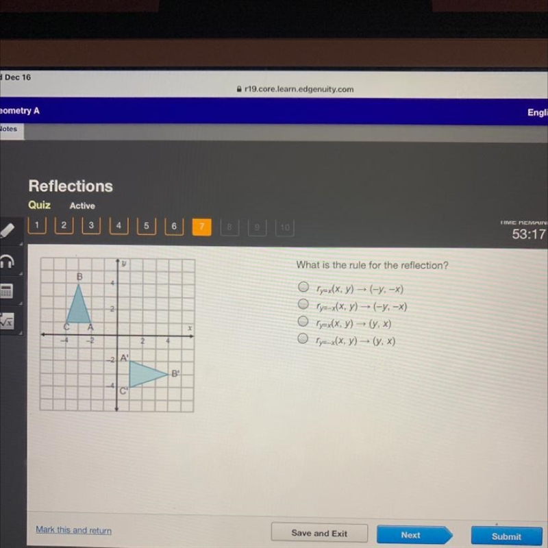 What is the rule for the reflection? ry=x(x, y) → (–y, –x) ry=–x(x, y) → (–y, –x) ry-example-1