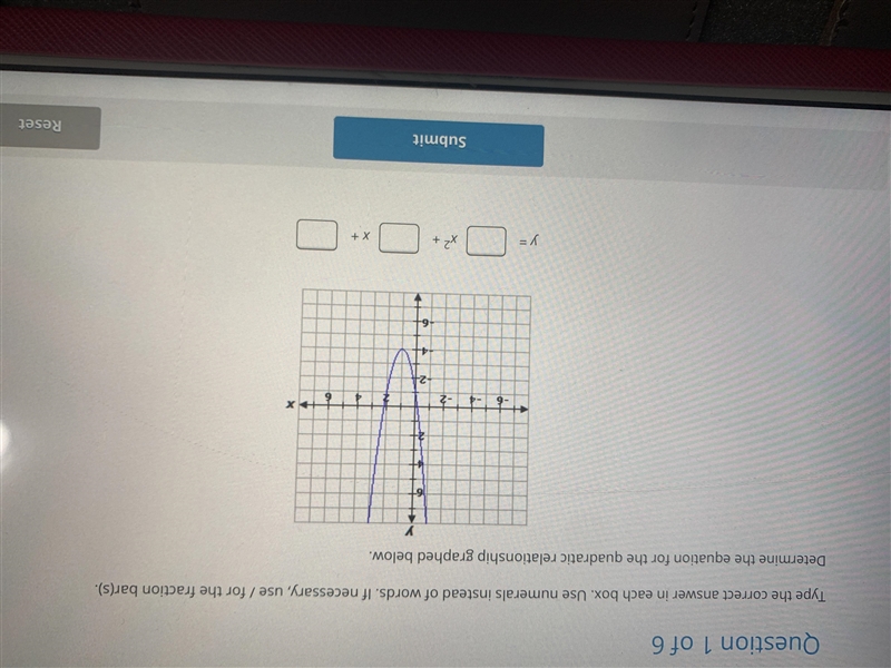 Determine the equation for the quadratic relationship graphed below.-example-1