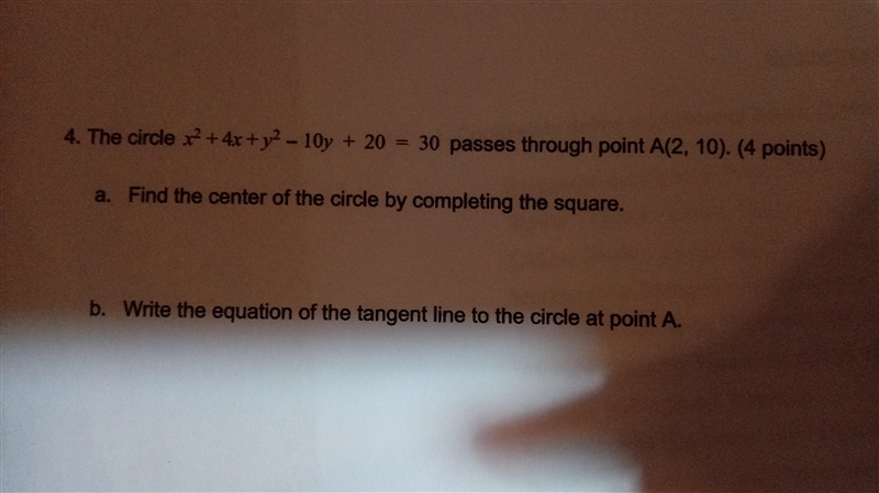 X^2+4x+y^2-10y+20=30 find the center of the circle by completing the square-example-1