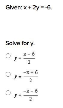 Given: x + 2y = -6. Solve for y.-example-1