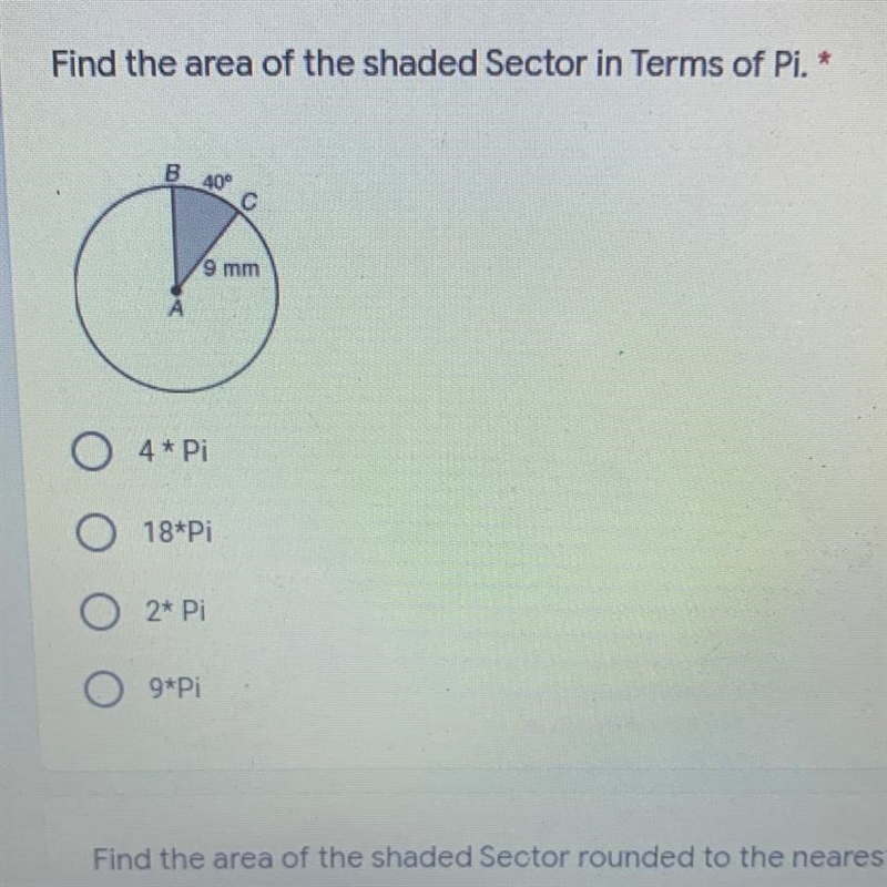 PLEASE HELP!!! I need help on finding the area of the shaded sector in terms of Pi-example-1