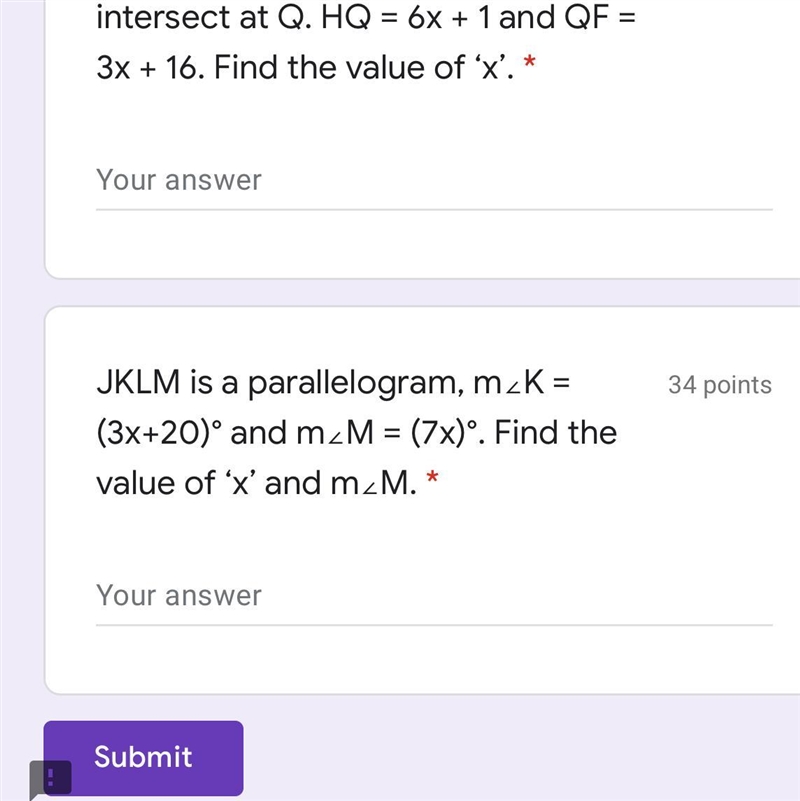 JKLM is a parallelogram, m∠K = (3x+20)° and m∠M = (7x)°. Find the value of ‘x’ and-example-1