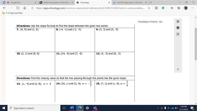 Use the slope formula to find the slope between the two given points.-example-1