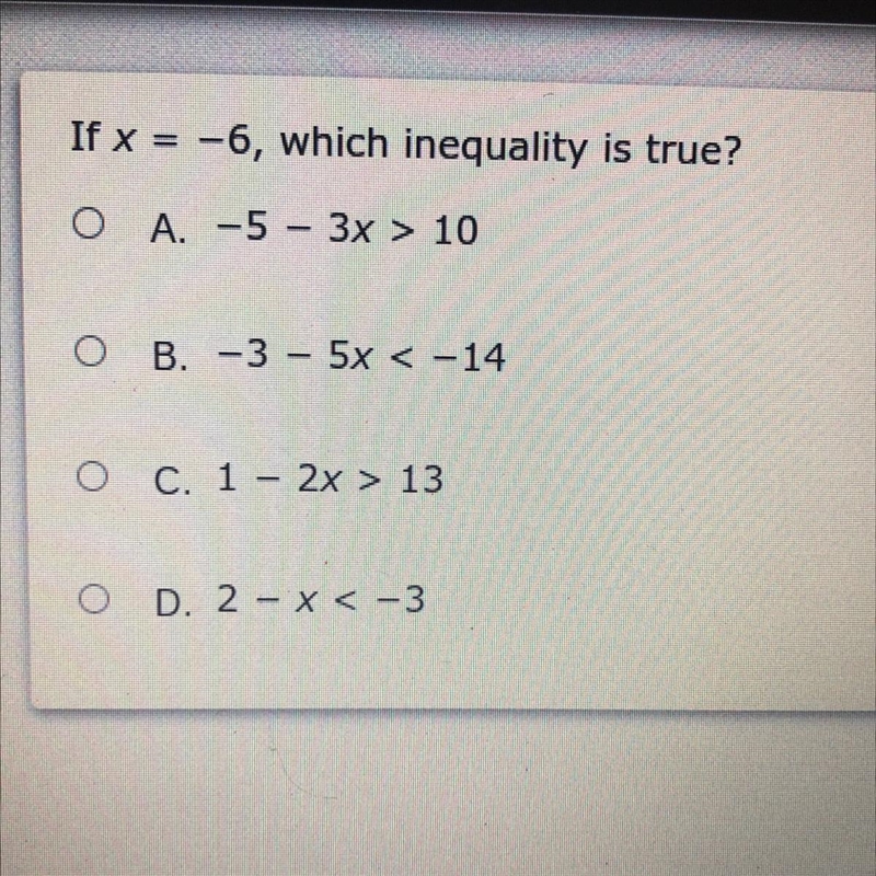 If x = -6, which I equality is true-example-1