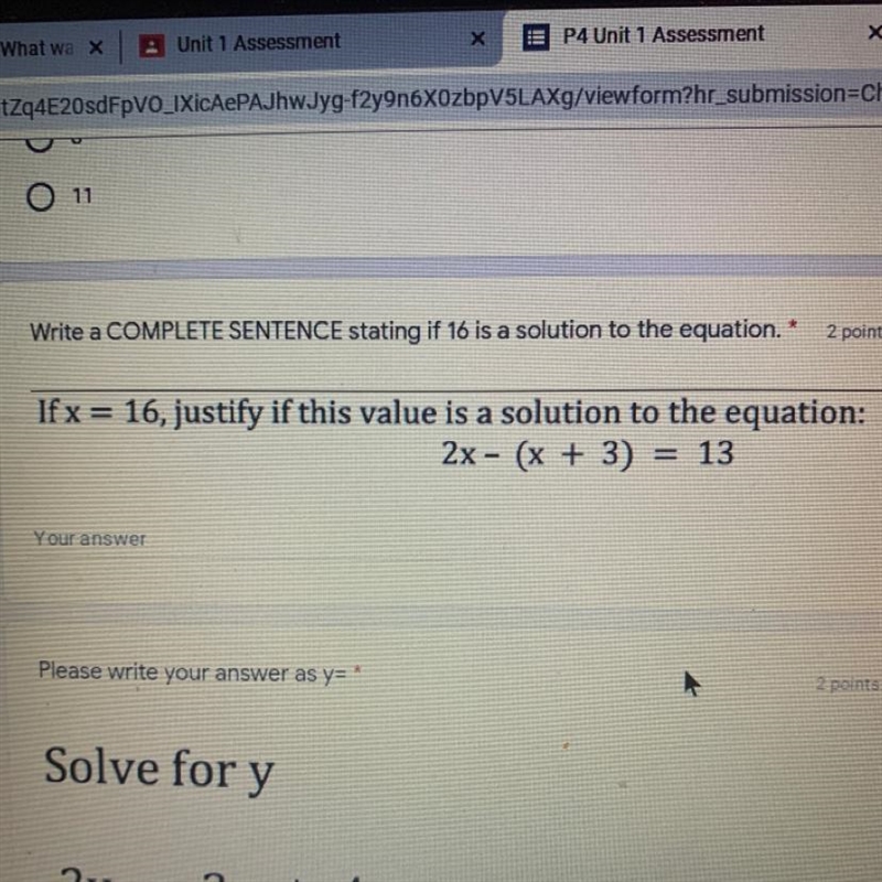 If x = 16,justify if this value is a solution to the equation:2x-(x+3)=13-example-1