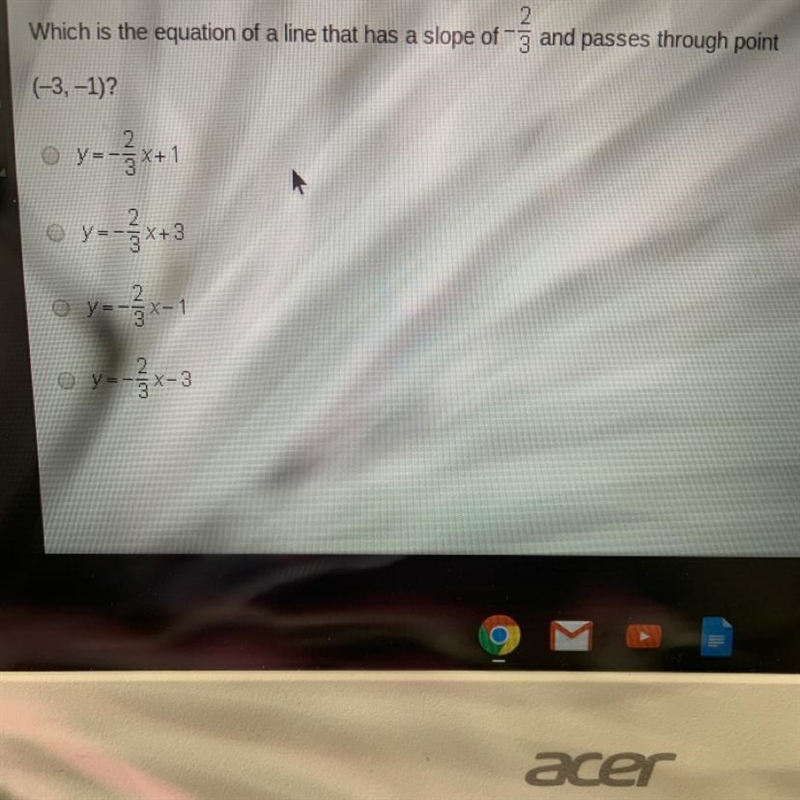 Which is the equation of a line that has a slope of -2/3 and passes through point-example-1