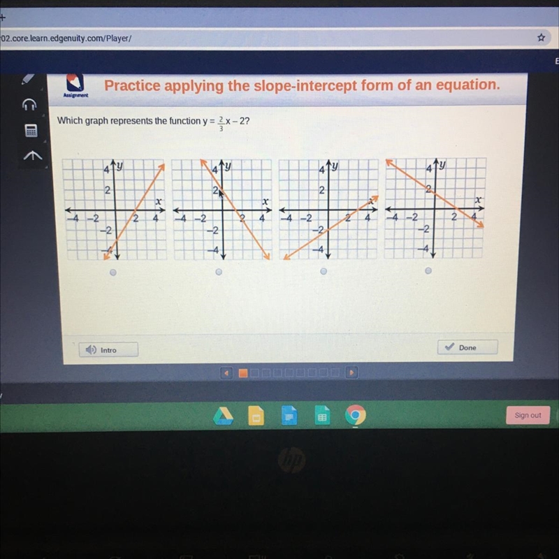 Which graph represents the function y = 2/3x-2-example-1