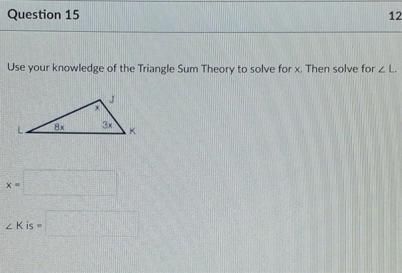 (Please Help) Use your knowledge of the Triangle Sum Theory to solve for x. Then solve-example-1