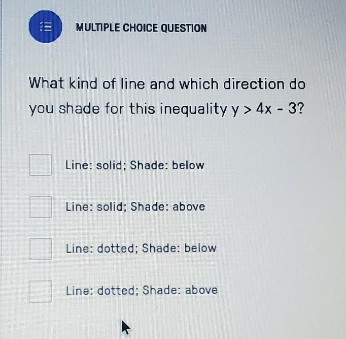 LOOK AT THE PHOTO...What kind of line and which direction do you shade for this inequality-example-1