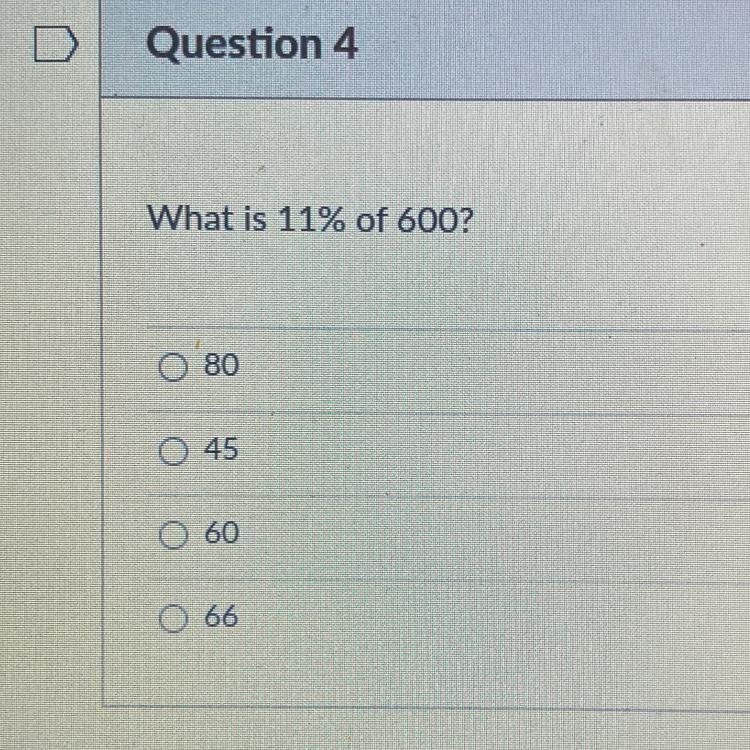 What is 11% of 600? 80 45 60 66-example-1