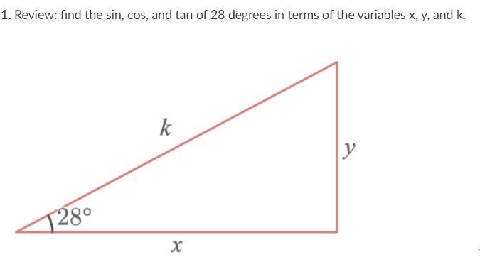 Find the cos sin and tan of 28 degrees in terms of the variables x, y, and k.-example-1