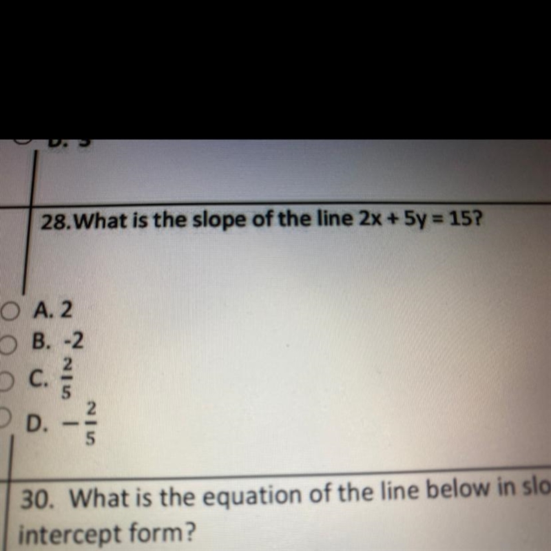 28.What is the slope of the line 2x + 5y = 15? A. 2 B. -2 C.2/5 D.- 2/5-example-1