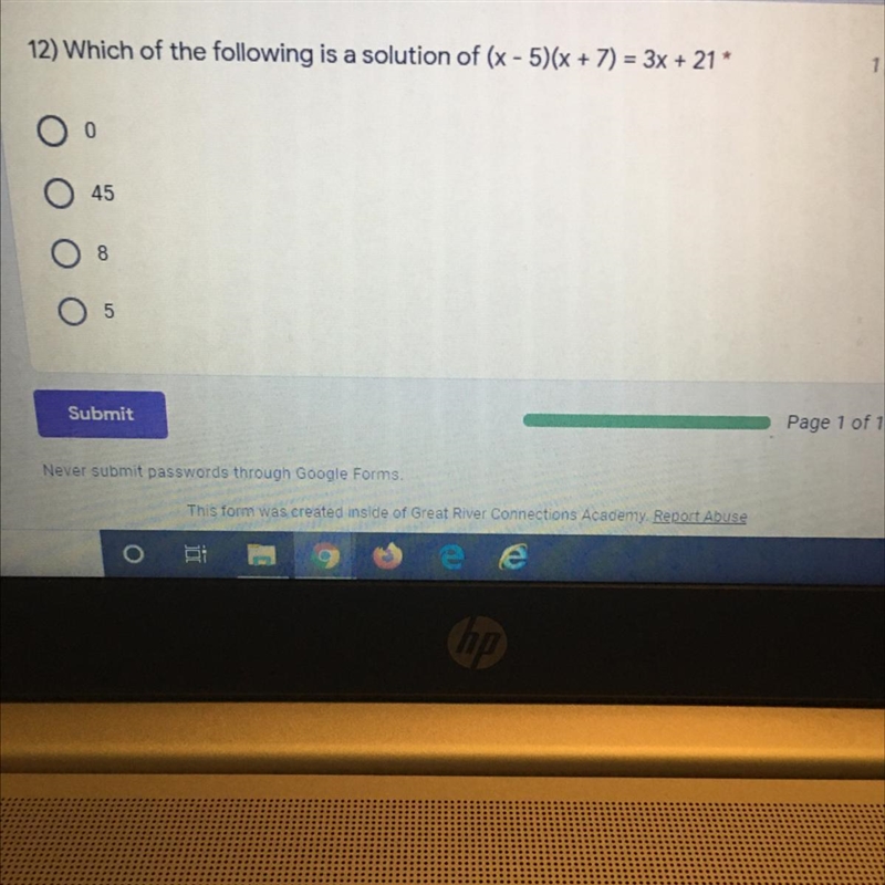 Which of the following is a solution of (x - 5)(x + 7) = 3x + 21 0 45 8 5-example-1