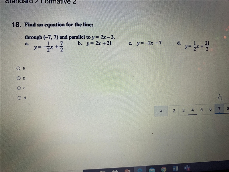 Find an equation for the line through (-7,7) and parallel to y=2x-3-example-1