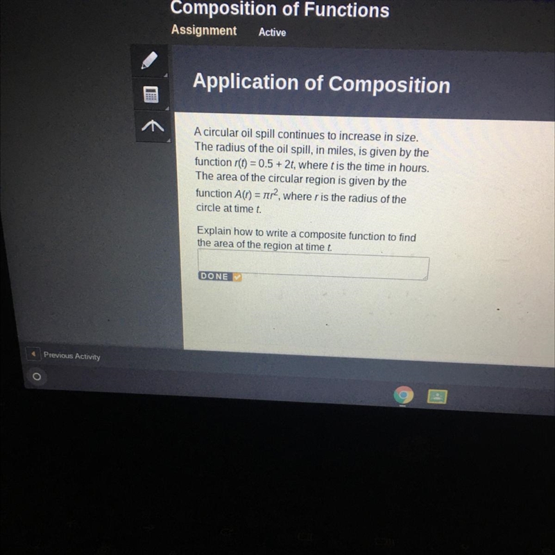 Explain how to write a composite function to find the area of the region at time t-example-1