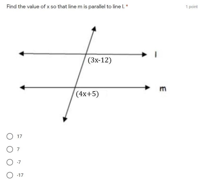 Find the value of x so that line m is parallel to line l.-example-1