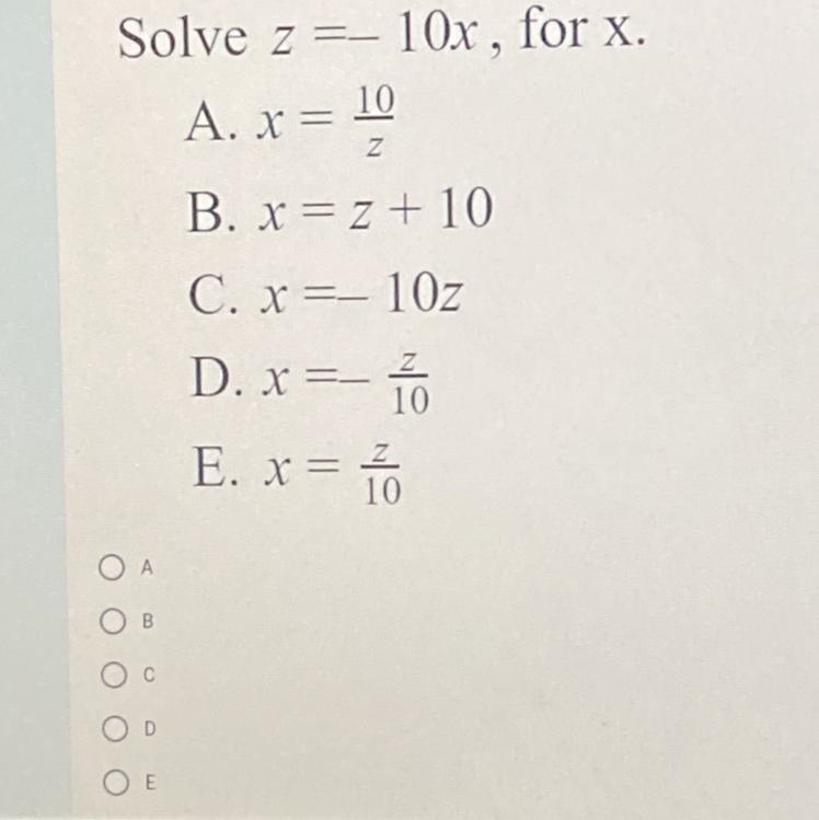 Solve z = -10x, for x.-example-1