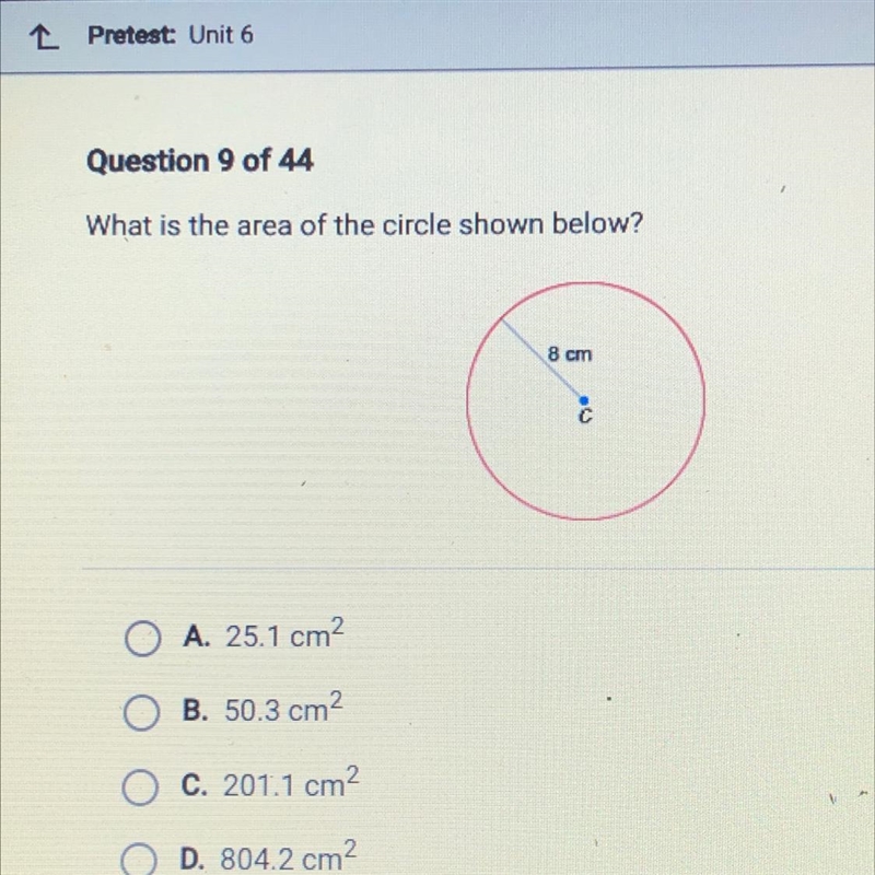 What is the area of the circle shown below?-example-1