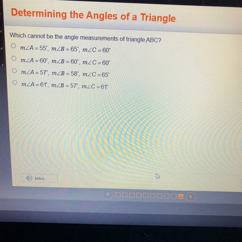 Which cannot be the angle measurements of triangle ABC?-example-1