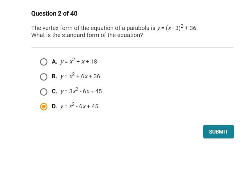 PLEASE HELP the vertex form of the equation of a parabola is y = (x - 3)2 + 36. what-example-1