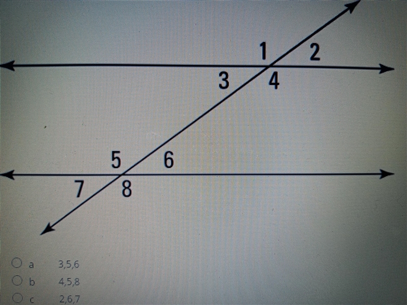 What other angles are equal to the measurement of angle 1? A. 3,5,6 B. 4,5,8 C. 2,6,7-example-1