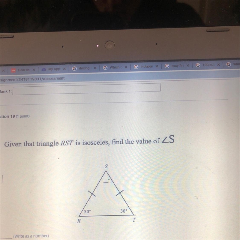 Given that triangle RST is isosceles, find the value of ZS-example-1