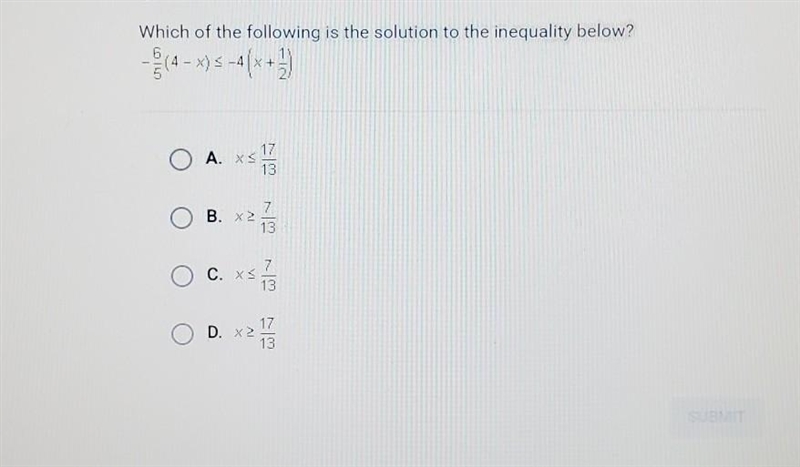 Which of the following is the solution to the inequality below? 14 - x)5-4x+ O A. X-example-1