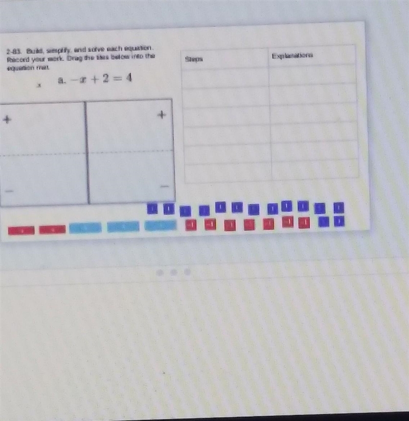 2-83. Build, simplify, and solve each equation. Record your work. Drag the tiles below-example-1