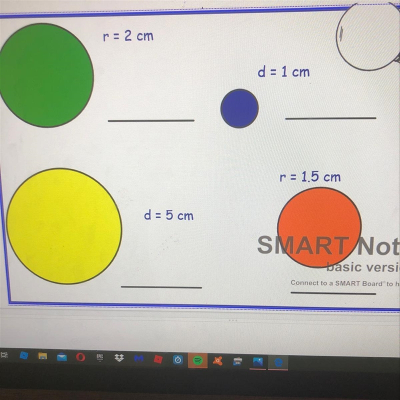 Chose 2 circles. Find the area of these circles using proper format.-example-1