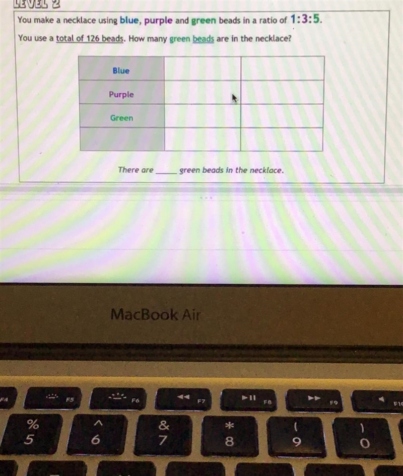 You make a necklace using blue,purple and green beads in ratio of 1:3:5. You use a-example-1