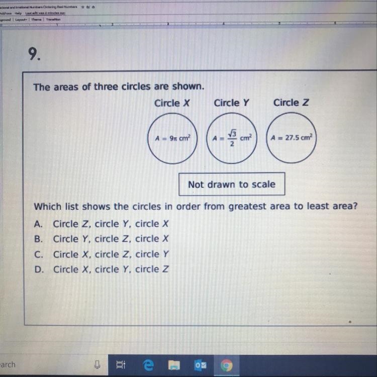 The areas of three circles are shown. Circle X Circle Y Circle z A=9x cm? A- cm? A-example-1