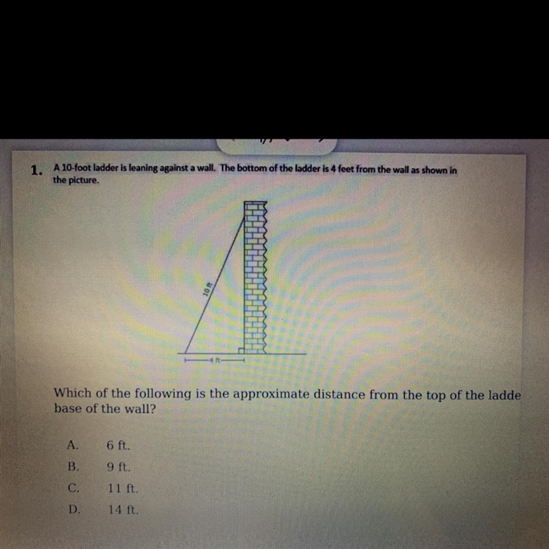 A 10-foot ladder is leaning against a wall. The bottom of the ladder is 4 feet from-example-1