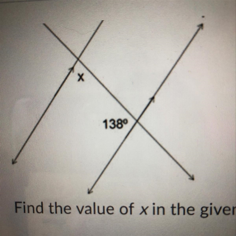 Find the value of x in the given figure using properties of parallel lines. A) 138° B-example-1