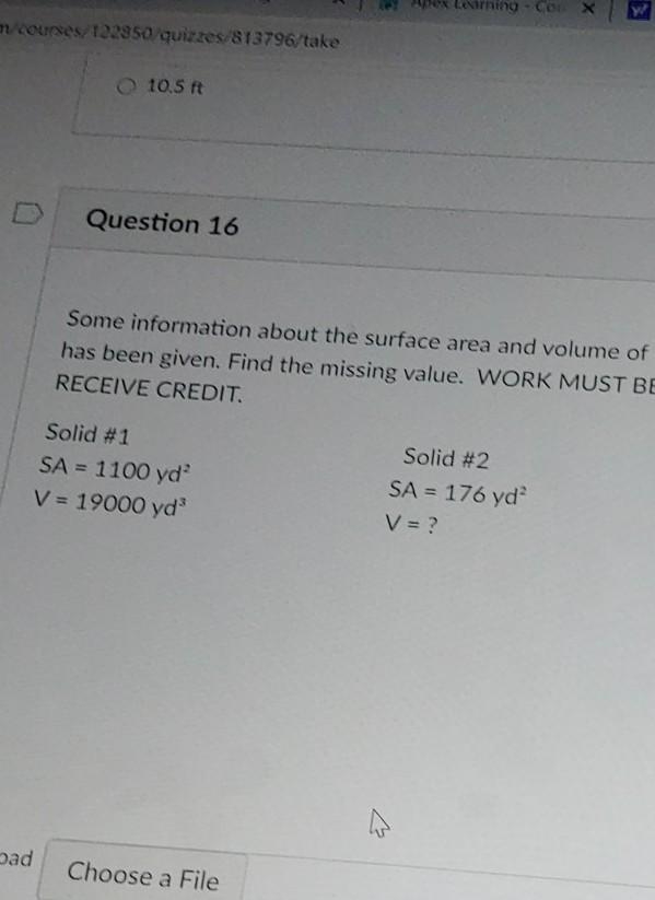 Some information about the surface area and volume of two similar solids has been-example-1