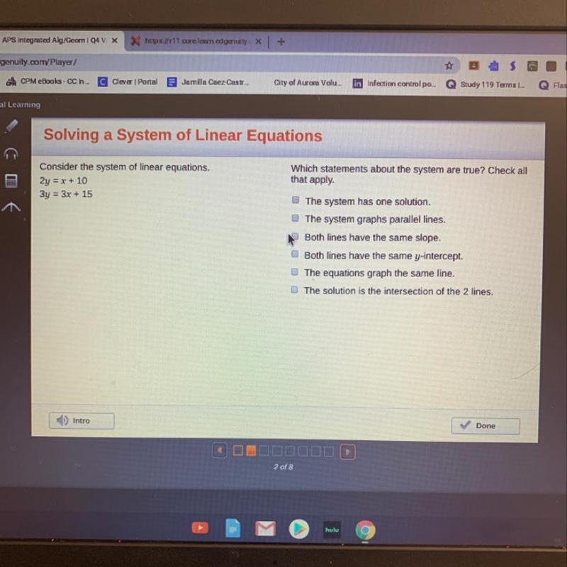 6Of Consider the system of linear equations. 2y = x + 10 3y = 3x + 15 Which statements-example-1