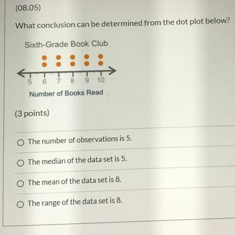 What conclusion can be determined from the dot plot below? Sixth-Grade Book Club 6 5 6 7 8 9 10 Number-example-1