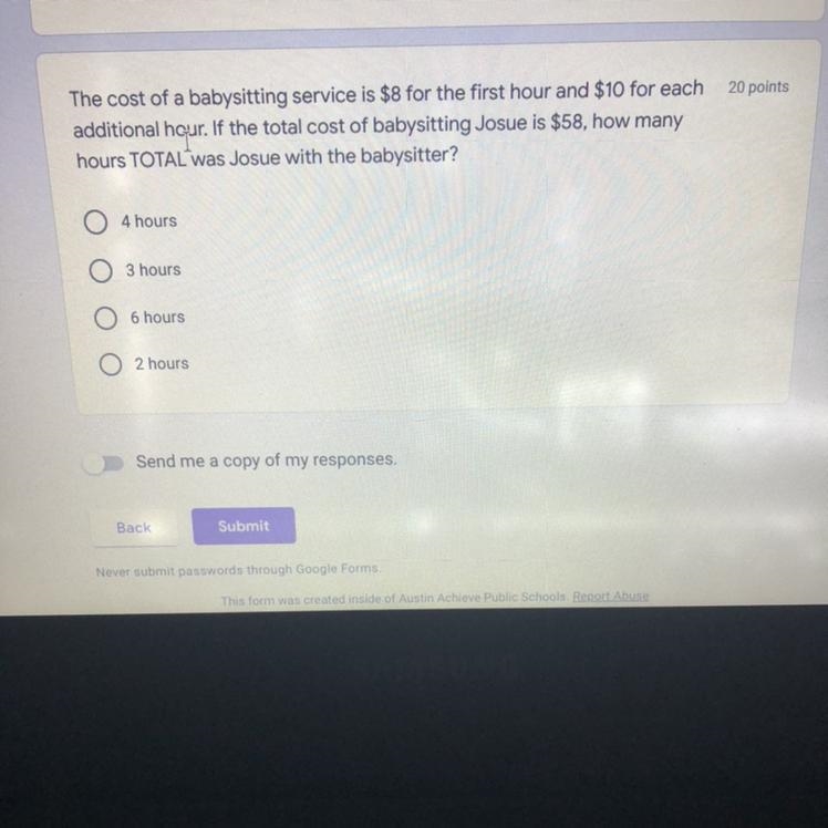 The cost of a babysitting service is $8 for the first hour and $10 for each additional-example-1