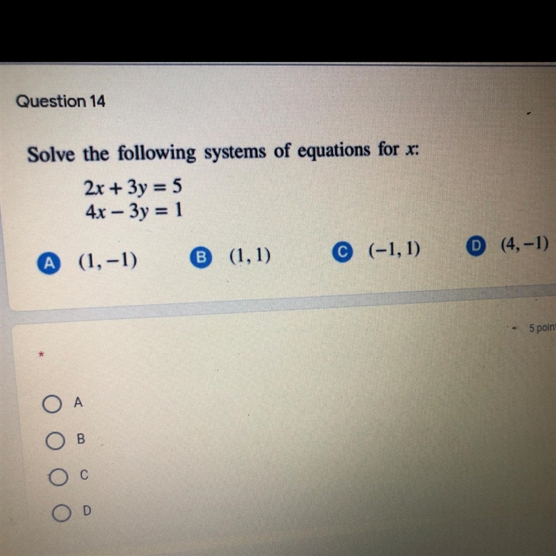 Solve the following systems of equations for x: 2x + 3y = 5 4x – 3y = 1-example-1