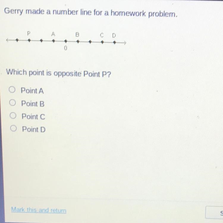 Gerry made a number line for a homework problem, P A C D Which point is opposite Point-example-1