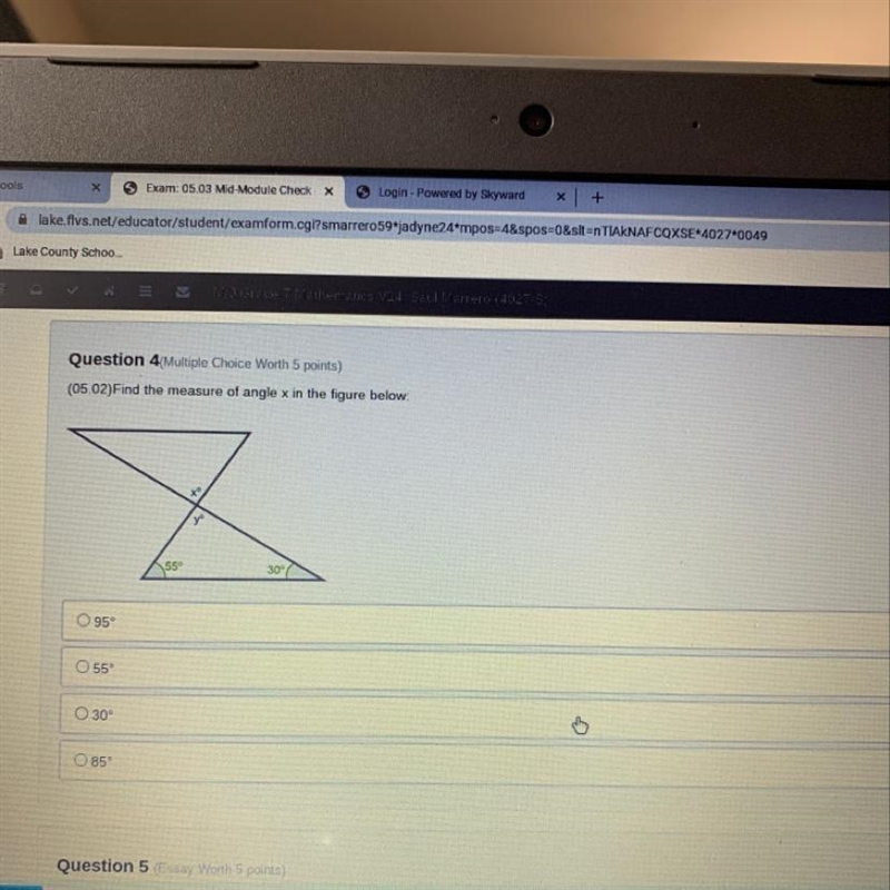 Question 4(Multiple Choice Worth 5 points) (05.02)Find the measure of angle x in the-example-1